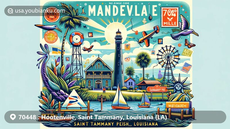 Modern illustration of Mandeville, Saint Tammany Parish, Louisiana, representing ZIP code 70448, showcasing Tchefuncte River Lighthouse and Tammany Trace, integrating local cultural and postal elements.