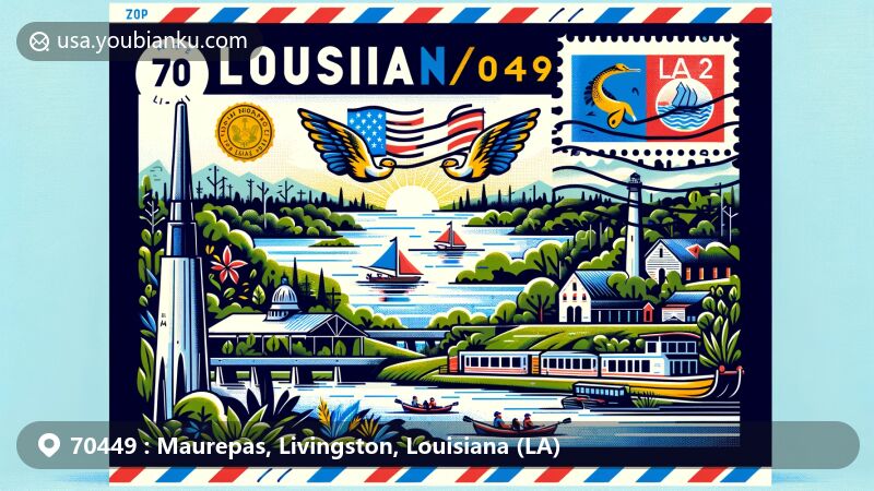 Modern illustration of Maurepas, Livingston Parish, Louisiana, highlighting postal theme with ZIP code 70449, featuring Lake Maurepas, Chinquapin Canal, Louisiana state flag, and lush landscape.