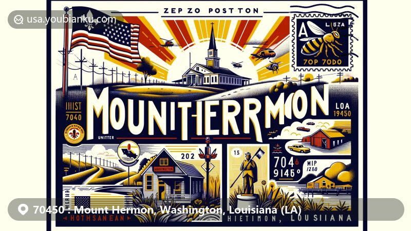 Modern illustration of Mount Hermon community, ZIP Code 70450, in Washington Parish, Louisiana, featuring state symbols like the flag, vintage postcard layout, postal stamp, and postmark.