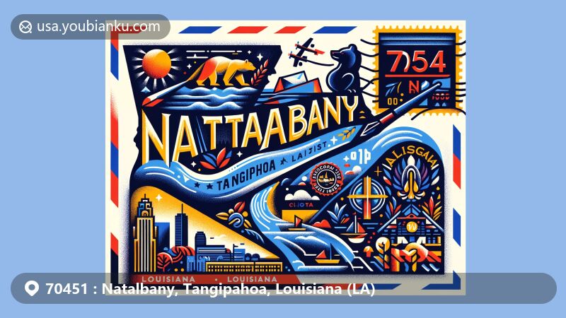 Modern illustration of Natalbany, Tangipahoa, Louisiana, with ZIP code 70451, featuring a creative airmail envelope design embodying postal theme and local culture, including Natalbany River and Louisiana landmarks.