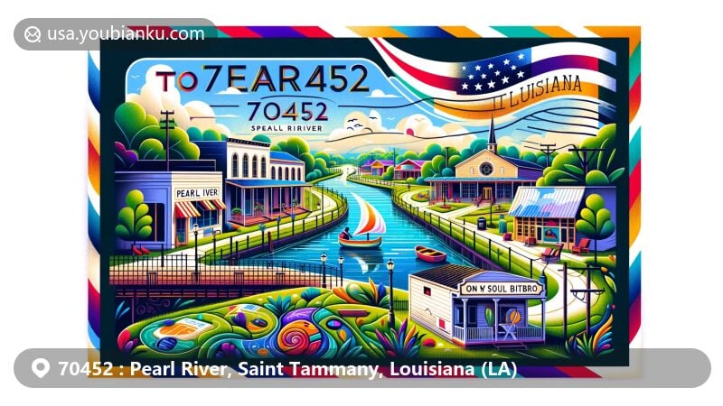Modern illustration of Pearl River, Saint Tammany, Louisiana, featuring ZIP code 70452, showcasing Pearl River Canal, 'On My Soul Bistro', lush green landscapes, state of Louisiana outline, and state flag.