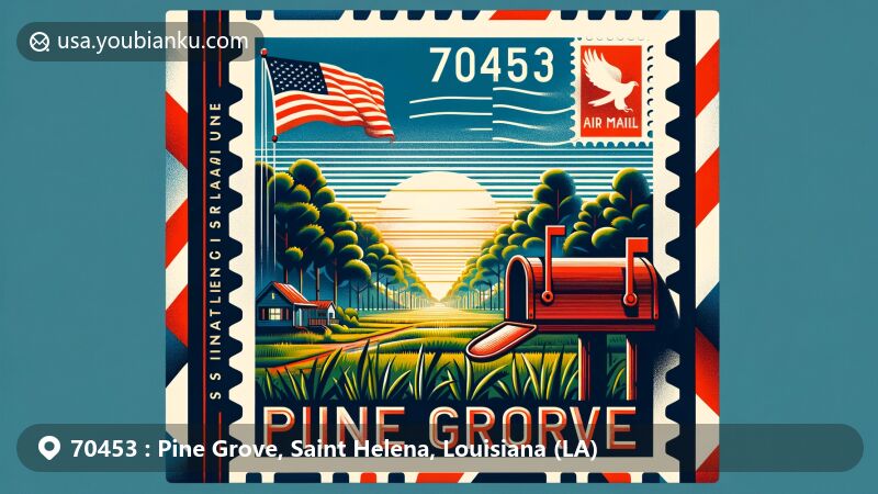 Modern illustration of Pine Grove, Saint Helena Parish, Louisiana, capturing postal and regional essence with lush greenery, Louisiana state flag, and emblematic ZIP code 70453 in a vibrant air mail envelope.