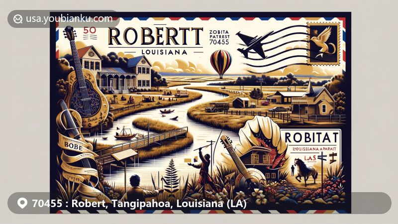 Modern illustration of Robert, Louisiana, Tangipahoa Parish, showcasing Chappepeela Creek and Louisiana Renaissance Festival, with ZIP code 70455, portraying natural beauty, cultural celebration, and postal theme.