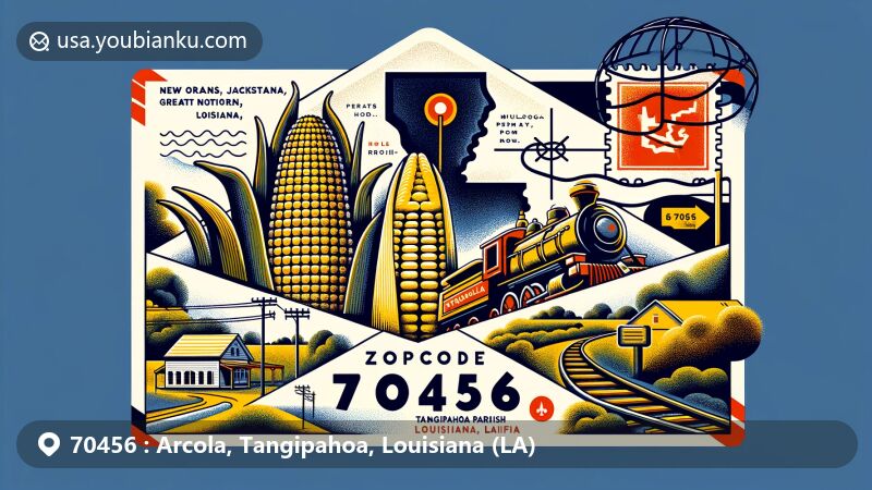 Modern illustration showcasing postal theme with ZIP code 70456, representing Arcola area, Tangipahoa Parish, Louisiana, featuring corn, state outline, railway nod, Italian flag, and US flag watermark.