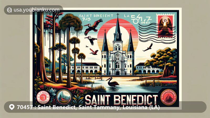Creative postcard illustration of Saint Benedict, Louisiana, with St. Joseph Abbey at its center, highlighting religious and educational significance, cypress trees, marshlands, and the state bird, the pelican.