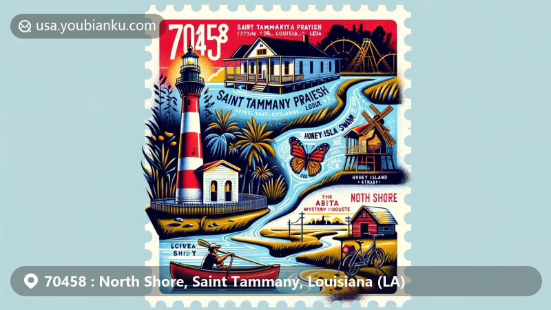 Modern illustration of the 70458 ZIP code area in Saint Tammany Parish, Louisiana, featuring North Shore region and city of Slidell, highlighting Tchefuncte River Lighthouse, Honey Island Swamp, Tammany Trace Bike Trail, and Abita Mystery House.