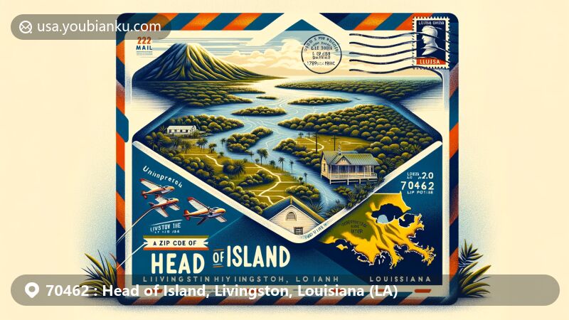 Contemporary illustration of Head of Island, Livingston Parish, Louisiana, with ZIP code 70462, featuring airmail envelope canvas and iconic symbols like Amite River and lush vegetation.