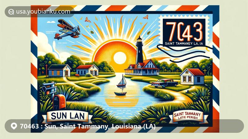 Modern illustration of Sun, Saint Tammany Parish, Louisiana, highlighting postal theme with ZIP code 70463, featuring Tchefuncte River Lighthouse and Louisiana state symbols.