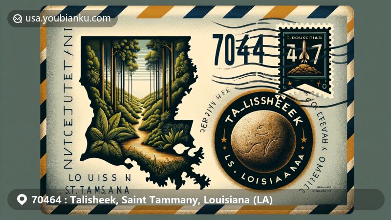 Modern illustration of Talisheek, St. Tammany Parish, Louisiana, featuring a vintage-style airmail envelope with a stylized postal stamp honoring the Choctaw origin of its name 'Talisheek,' lush green vegetation, and a subtle map of Louisiana.