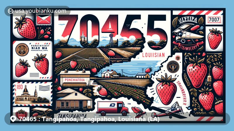 Modern illustration of Tangipahoa, Louisiana, ZIP Code 70465, showcasing agricultural heritage and Ponchatoula Strawberry Festival, with a stylized map of Louisiana, strawberries, Camp Moore Confederate Cemetery, airmail envelope, vintage stamps, and postal truck.