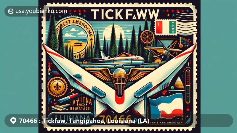 Creative illustration of Tickfaw, Louisiana, featuring vintage airmail envelope theme with pine trees, Italian-American heritage marker, and Louisiana state flag.