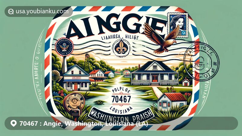Modern illustration of Angie, Washington Parish, Louisiana, featuring postal theme with ZIP code 70467, vintage airmail envelope, postal marks, stamps, lush greenery, and Louisiana state symbols.