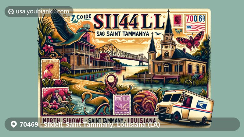 Modern illustration of Slidell, Saint Tammany County, Louisiana, highlighting postal theme with ZIP code 70469, featuring Lake Pontchartrain, Olde Towne architecture, Tammany Trace, and Honey Island Swamp.