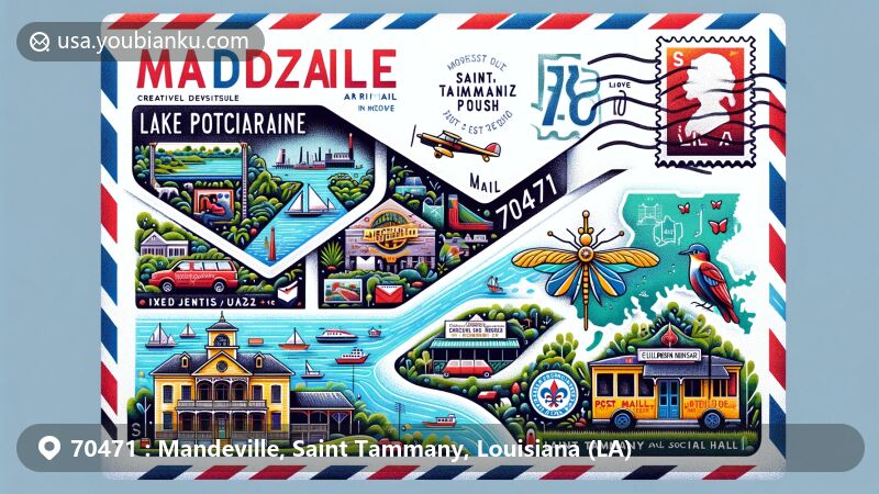 Modern illustration of Mandeville, Saint Tammany Parish, Louisiana, featuring a creatively designed air mail envelope with references to local landmarks like Lake Pontchartrain, Dew Drop Jazz and Social Hall, and Children's Museum of St. Tammany.