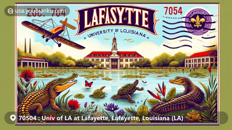 Modern illustration of ZIP Code 70504, featuring University of Louisiana at Lafayette in Lafayette, Louisiana, showcasing Cypress Lake with native wildlife, iconic campus landmarks like Martin Hall, and vibrant local flora.
