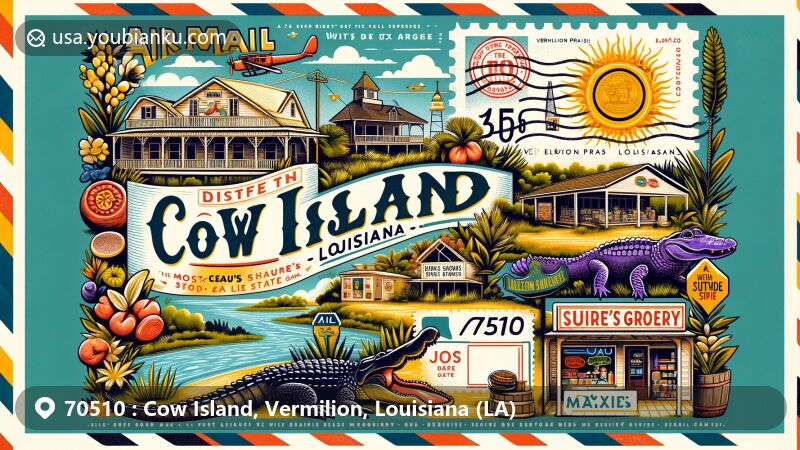 Modern illustration of Cow Island, Vermilion Parish, Louisiana, featuring iconographic design resembling a postcard or airmail envelope, incorporating local landmarks like Suire's Grocery and Maxie's Five Oaks, representing community treasures, and Cajun cultural elements such as a boudin sausage and a toy alligator, symbolizing local cuisine and wildlife, along with postal symbols like stamps, postmarks, ZIP Code 70510, emphasizing postal theme. Vibrant colors capture Southern hospitality, rich history, and the joy of life ('joie de vivre').
