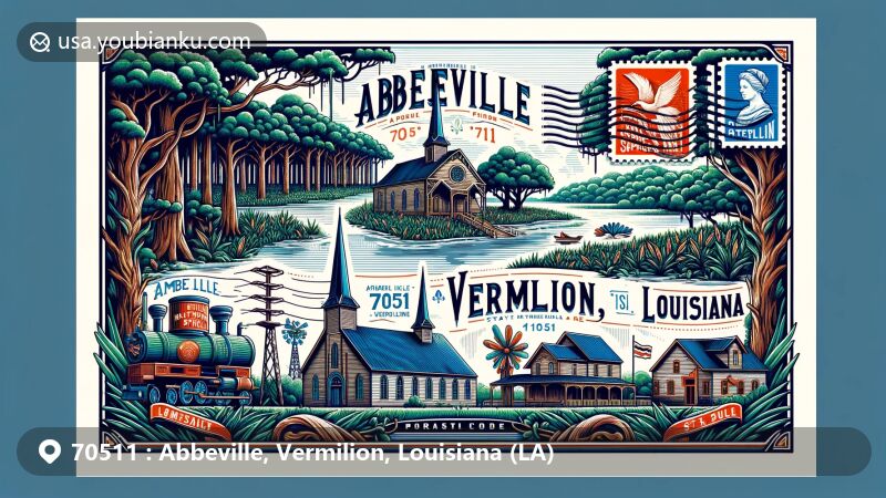 Modern illustration of Abbeville, Vermilion Parish, Louisiana, highlighting Palmetto Island State Park, St. Mary Magdalen Church, and C.S. Steen’s Syrup Mill, representing natural beauty, cultural heritage, and agricultural tradition.
