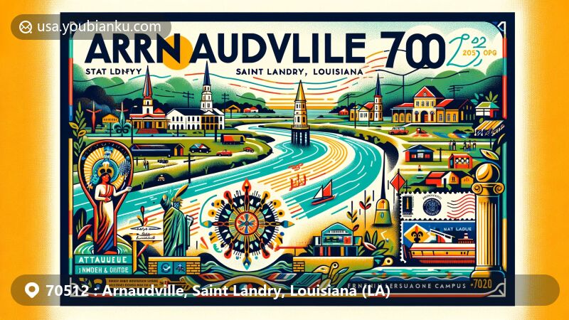 Modern illustration of Arnaudville, Saint Landry, Louisiana, showcasing Bayou Teche, fusion of cultures, and postal theme with ZIP code 70512, highlighting town's history, arts scene, and Louisiana state symbols.