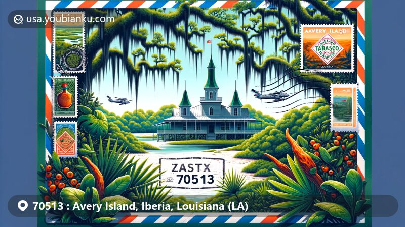 Modern illustration of Avery Island, Louisiana, showcasing postal theme with ZIP code 70513, featuring Tabasco sauce factory and subtropical southern Louisiana flora.