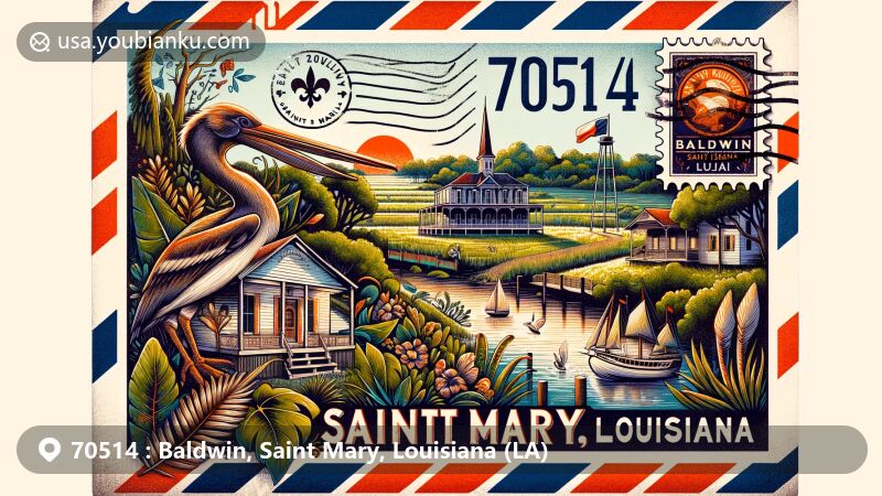 Creative illustration of ZIP code 70514, Baldwin, Saint Mary Parish, Louisiana, featuring a vintage airmail envelope with a postal theme and symbols reflecting the cultural identity of Baldwin and Louisiana.