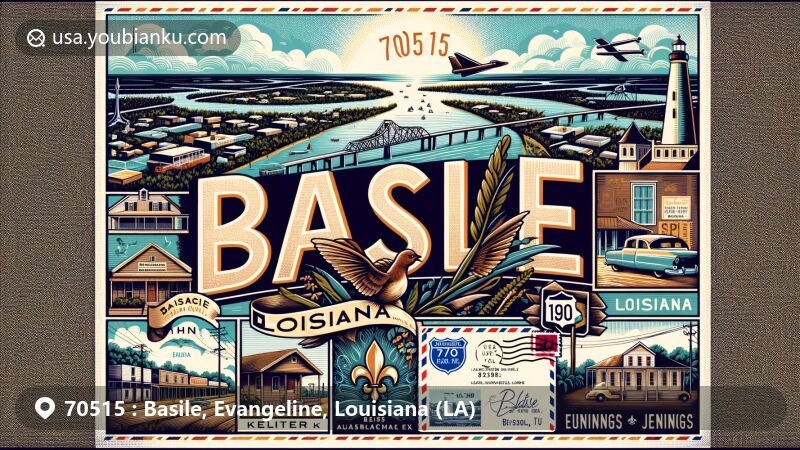 Modern illustration of Basile, Louisiana, with ZIP code 70515, depicting unique geographical location across Acadia and Evangeline parishes, showcasing U.S. Highway 190 connections to neighboring towns like Elton and Eunice, and incorporating Louisiana's cultural heritage with symbols of the Mississippi River and Jean Lafitte National Historical Park.
