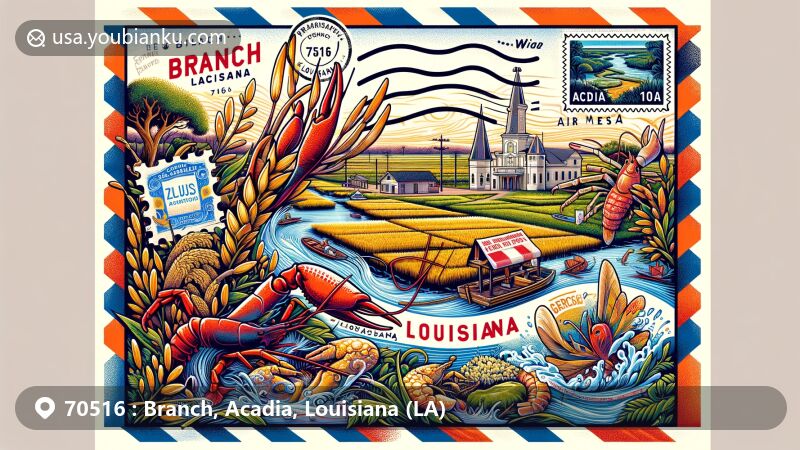 Modern illustration of Branch, Acadia Parish, Louisiana, showcasing Cajun culture, rice fields, crawfish ponds, and the historical Germanfest celebration, with ZIP code 70516 integrated in a postcard design.