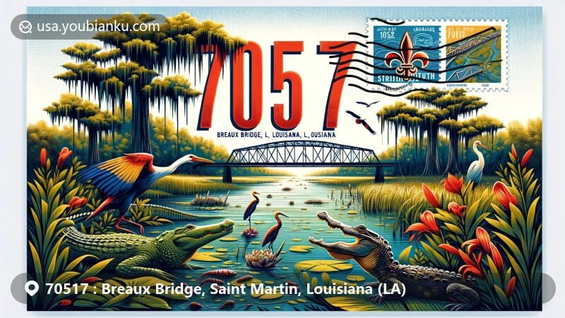 Modern illustration of the 70517 postal code area in Breaux Bridge, Saint Martin Parish, Louisiana, showcasing the Bayou Teche, swamp scene with wildlife, Zydeco music instrument, and crawfish, representing the cultural and natural beauty of the region.