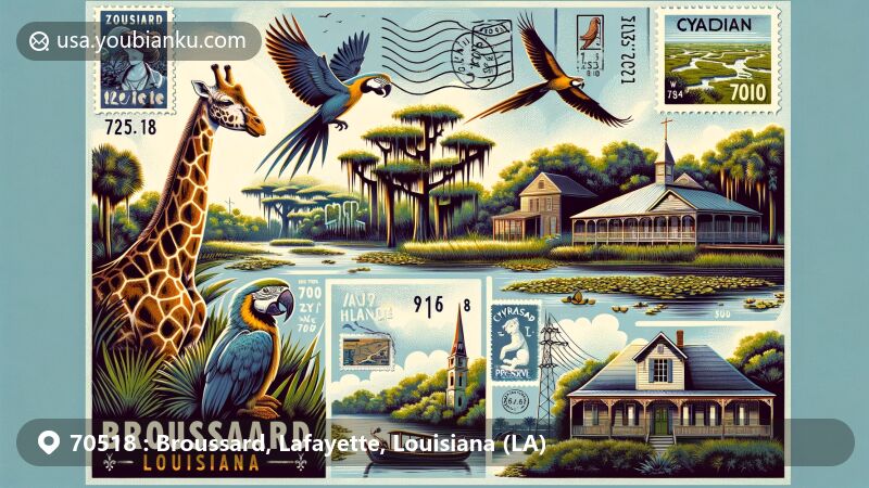 Modern illustration of 70518 Broussard, Louisiana (LA), showcasing Zoosiana with giraffe and parakeet, Cypress Island Preserve with cypress trees and egrets, and Acadian Village with historic homes. Features postal-themed envelope with stamp, '70518 Broussard, LA' postal mark, and antique mailbox, subtly incorporating Louisiana state flag.