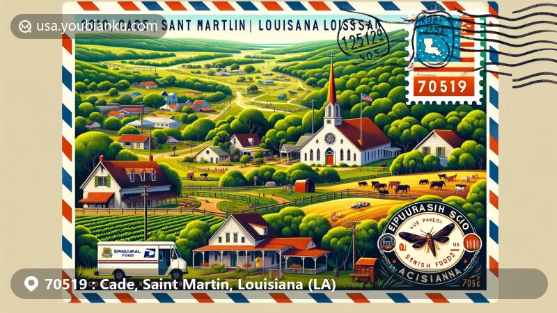 Modern illustration of Cade, Saint Martin Parish, Louisiana, highlighting charming small town surrounded by greenery, Episcopal School of Acadiana, Bruce Foods, Spanish Trail Golf Course, The Pines Ranch, and postal theme with Louisiana state symbols and ZIP code 70519.