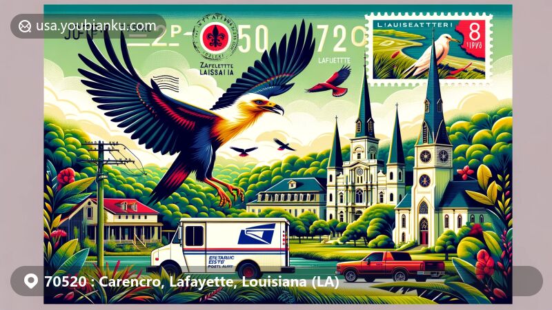 Modern illustration of Carencro, Lafayette, Louisiana, capturing the essence of ZIP code 70520 with carencro tête rouge legend, St. Peter Catholic Church, and lush landscapes.