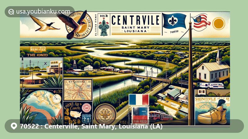 Modern illustration of Centerville, Saint Mary, Louisiana, showcasing Bayou Teche, Louisiana Highways 182 junction, state flag, and postal elements with ZIP code 70522.