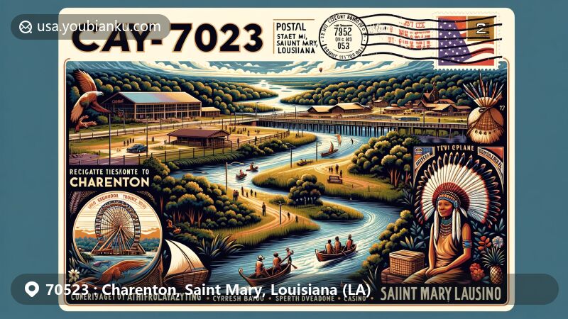 Modern illustration of Charenton, Saint Mary, Louisiana, highlighting zipcode 70523, showcasing Chitimacha Tribe's culture, including basket weaving tradition and Cypress Bayou Casino. Emphasizing outdoor activities in Atchafalaya Basin.