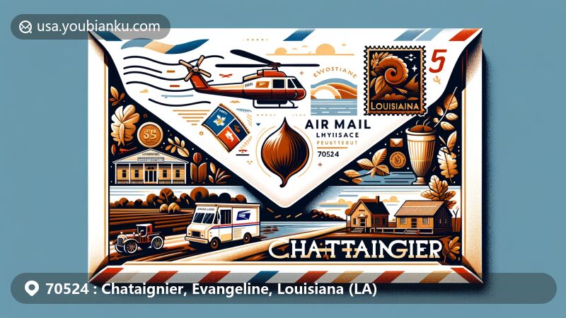 Modern illustration of Chataignier, Louisiana, showcasing postal theme with ZIP code 70524, incorporating village symbols, historical elements, and postal design, representing Evangeline Parish's cultural heritage.