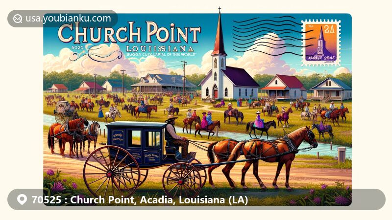 Modern illustration of Church Point, Louisiana, Acadia Parish, featuring 'Buggy Capital of the World' status and Mardi Gras celebration, with vintage buggy and colorful participants on horseback.