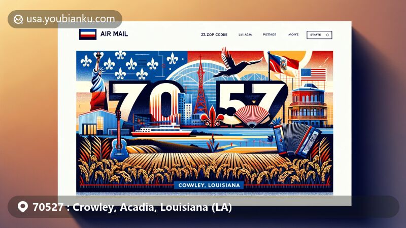 Creative illustration of Crowley, Acadia, Louisiana, featuring postal theme with ZIP code 70527, incorporating Louisiana state flag, Rice Theatre, Cajun music elements, and rice fields.
