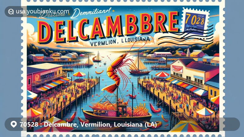 Modern illustration of Delcambre, Vermilion, Louisiana, featuring Delcambre Shrimp Festival, Bayou Carlin, seafood industry, and community resilience, framed as a postcard with shrimp boats, festival goers, seafood display, and Bayou Carlin.