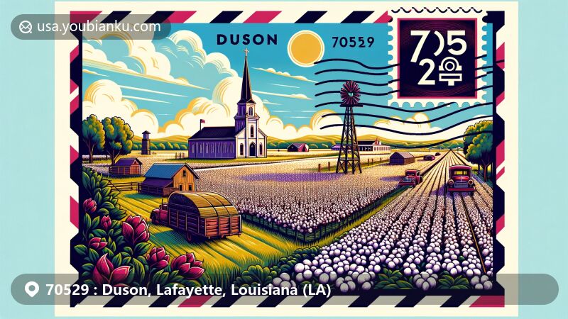 Modern illustration of Duson, Lafayette, Louisiana, showcasing cotton fields, St. Theresa Catholic Church, and Mardi Gras festivity, set in the Acadiana region with postal theme including ZIP code 70529.