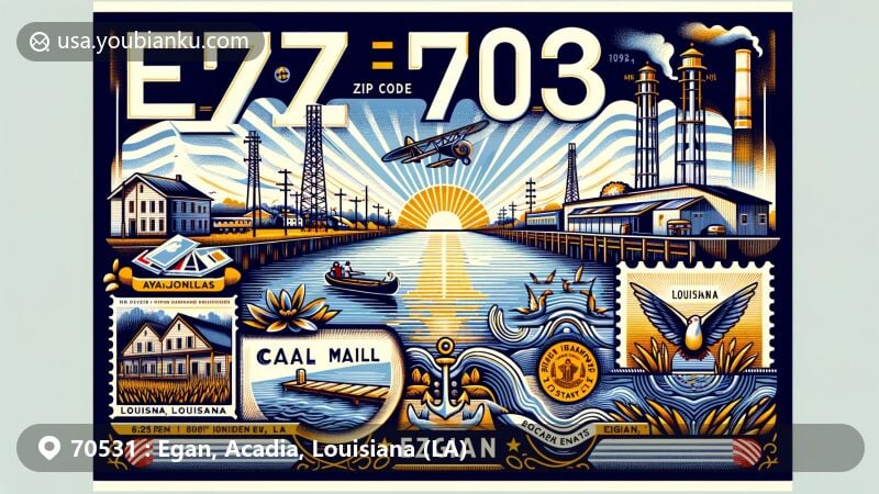 Modern illustration of Egan, Louisiana, showcasing postal theme with ZIP code 70531, featuring Bayou Jonas, Canal Switch references, and Louisiana state symbols.