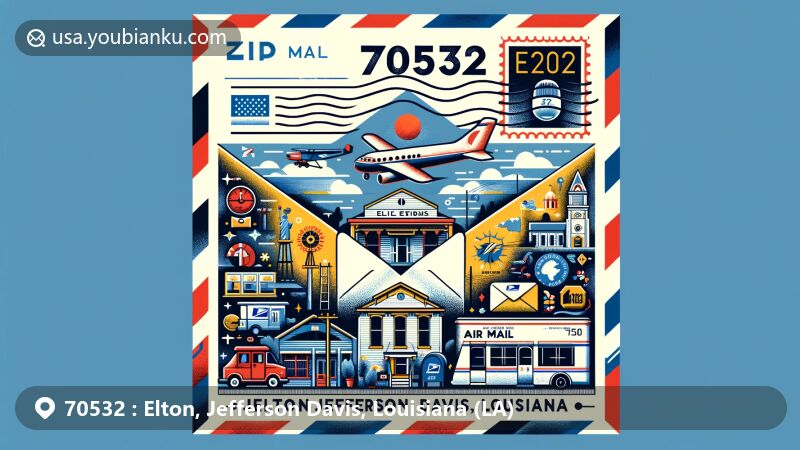 Modern illustration of Elton, Jefferson Davis, Louisiana, with air mail envelope frame featuring ZIP code 70532, highlighting small-town charm, history, geography, and local symbols.