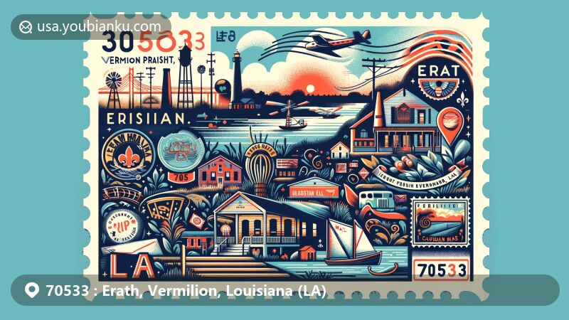 Modern illustration of Erath, Vermilion Parish, Louisiana, celebrating ZIP code 70533, highlighting Cajun culture, Acadian heritage, and postal theme with air mail elements and town symbols.
