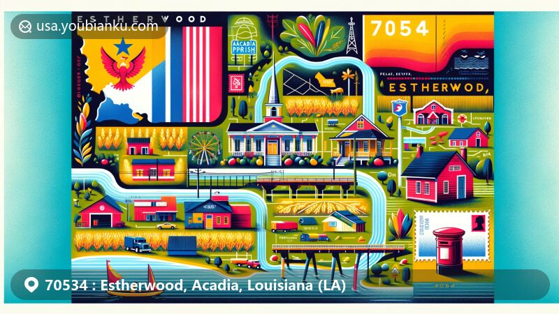 Modern illustration of Estherwood, Acadia, Louisiana, capturing local landmarks, the Louisiana state flag, and postal symbols, representing ZIP code 70534 with a blend of geographical and postal elements.