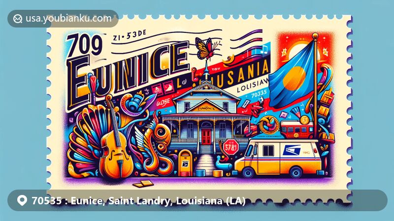Modern illustration of U.S. ZIP Code 70535, featuring Eunice, Louisiana, with Savoy Music Center representing Cajun music culture, Louisiana flag, postal stamps, postmark, mailbox, and mail van.