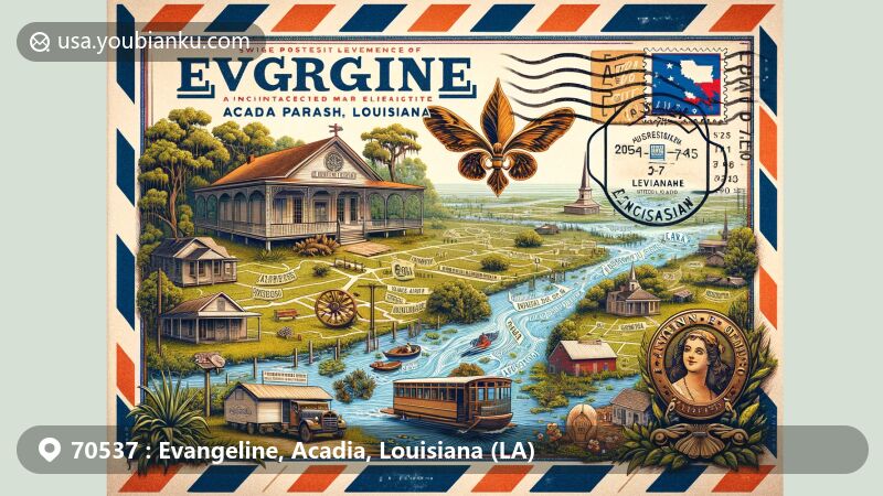 Modern illustration of Evangeline, Acadia Parish, Louisiana, representing ZIP code 70537 with a blend of postal themes and local landmarks, featuring the Mississippi River, Longfellow-Evangeline State Historic Site, state flag, postal elements, and lush Louisiana landscape.