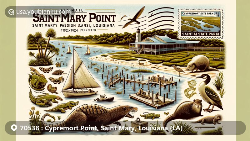 Modern illustration of Cypremort Point, Saint Mary Parish, Louisiana, merging landmarks and cultural elements with postal themes, highlighting natural beauty and recreational activities at Cypremort Point State Park.
