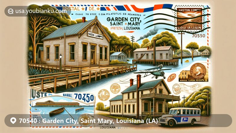 Modern illustration of Garden City, Saint Mary Parish, Louisiana, featuring Bayou Teche, Hanson Lumber Company landmarks, and a creative postal theme with ZIP code 70540.