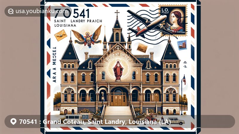 Modern illustration of Grand Coteau, Saint Landry Parish, Louisiana, showcasing postal theme with ZIP code 70541, featuring Shrine of St. John Berchmans, Academy of the Sacred Heart, and Victorian architecture.