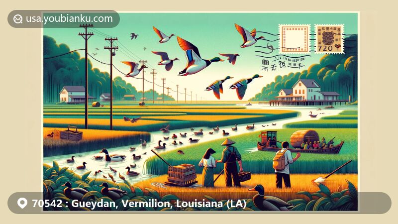 Modern illustration of Gueydan, showcasing postal theme with ZIP code 70542, featuring unique stamp design and postmark specific to Gueydan, Louisiana.