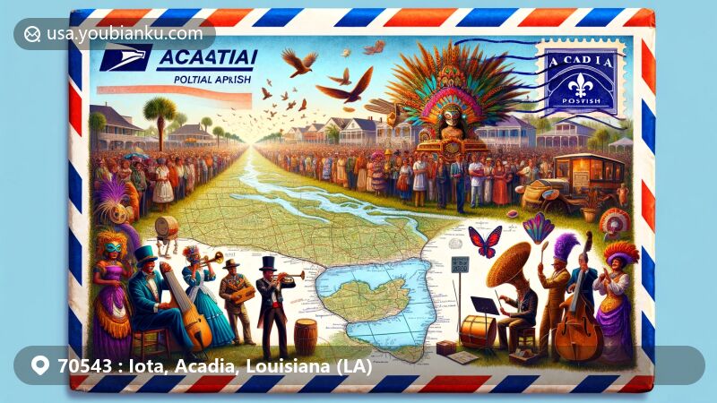 Illustration of Iota, Louisiana, and Acadia Parish, featuring Mardi Gras Folklife Festival with traditional costumes, masks, capuchons, and Cajun music, alongside a map of Acadia Parish and the Grand Opera House of the South in Crowley, all on a vintage airmail envelope.