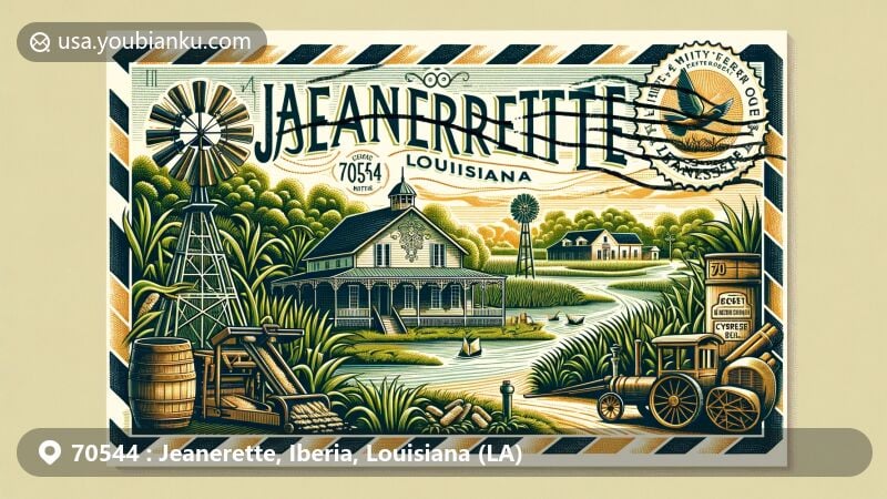 Modern illustration of Jeanerette, Iberia County, Louisiana, inspired by vintage postcard design with elements representing Sugar City, cypress industry, cultural heritage, and Bayou Teche.