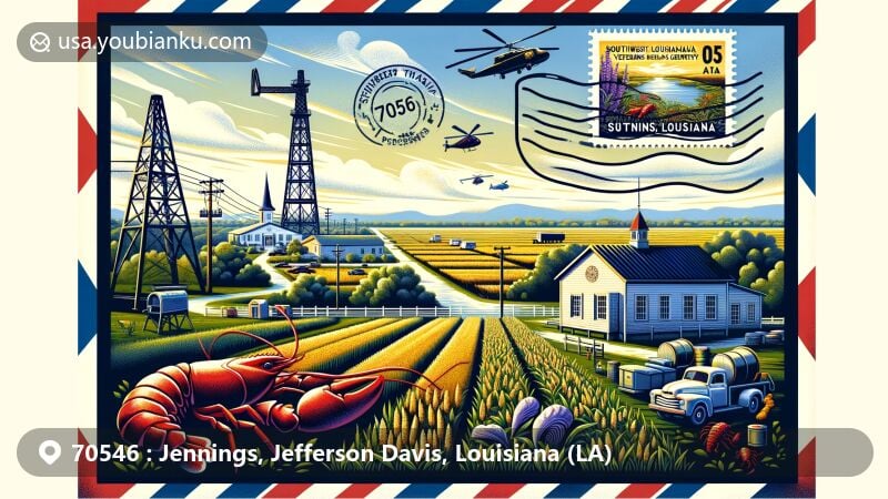 Modern illustration of Jennings, Louisiana, incorporating agricultural elements like rice fields and crawfish, along with oil industry symbolized by an oil derrick. Features an aerial mail envelope with Southwest Louisiana Veterans Cemetery, postal motifs, and ZIP code 70546.